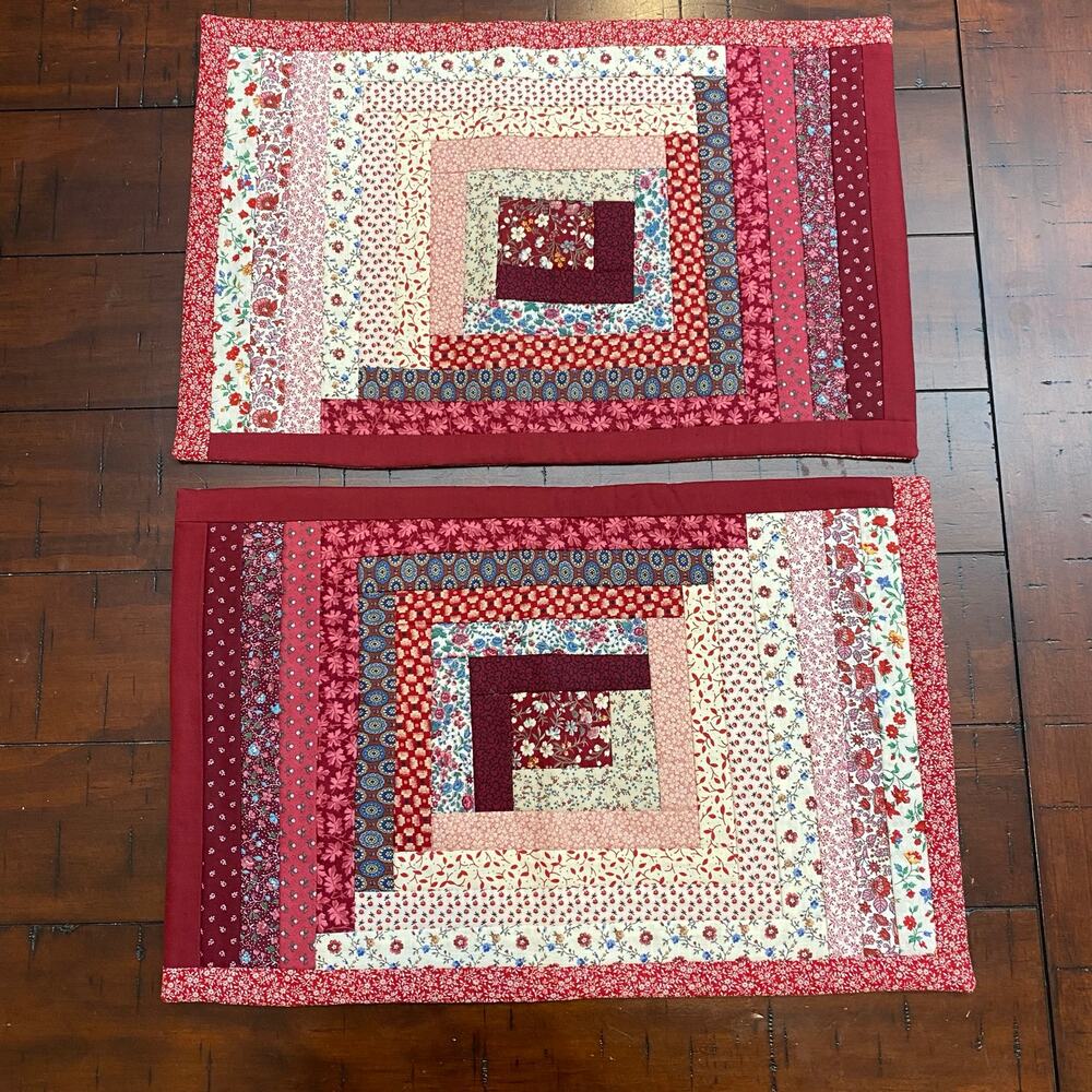 Handmade Quilted Placemats – Vintage Log Cabin Burgundy Floral Table Linens Pair